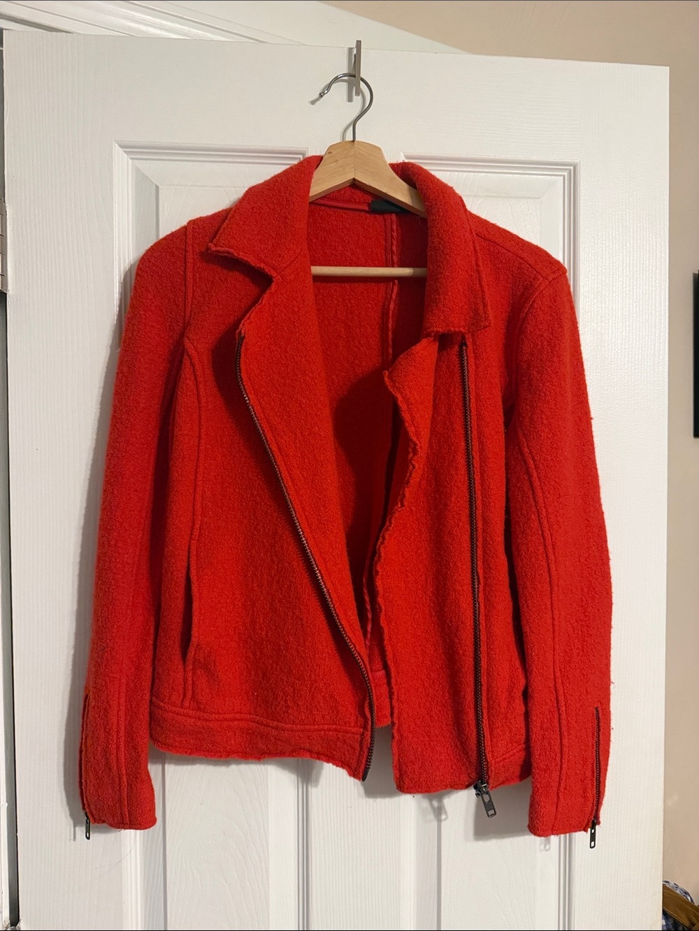 Tahari Vibrant Red Wool-Blend Asymmetrical Zip Moto Jacket
